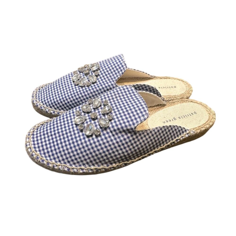 Patricia Green Gingham blue Glam Espadrille Mule 6.5 EUC